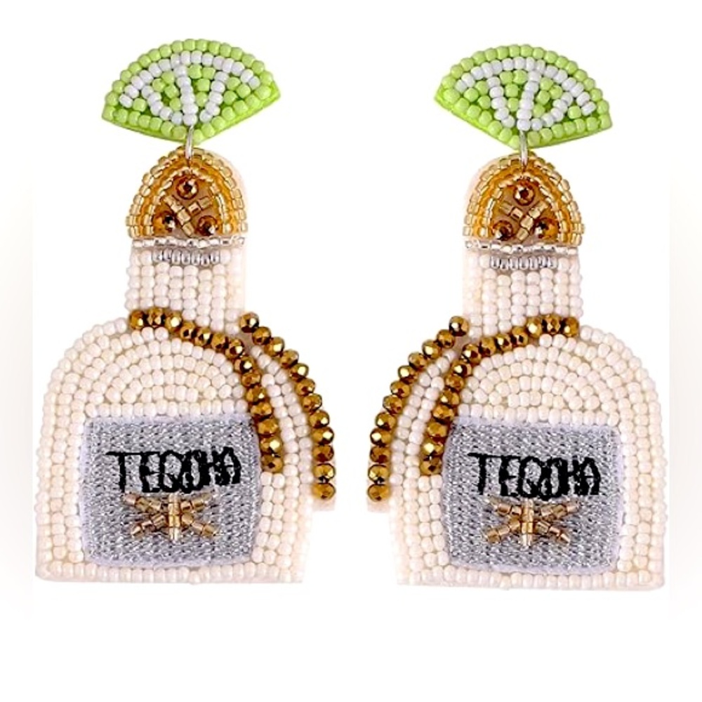Tequila Bottle Lime Shot Seed Bead Beaded Drop Dangle Earrings Las Vegas